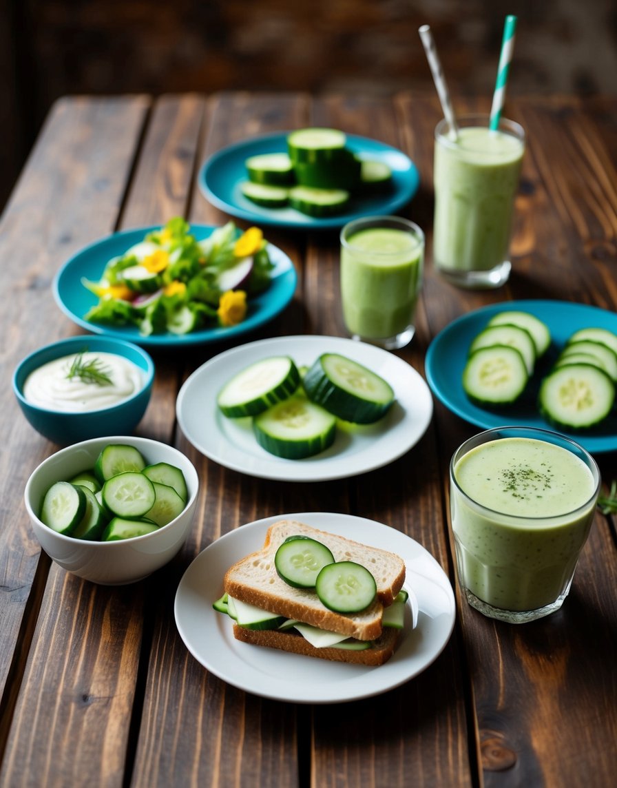 A variety of cucumber dishes arranged on a wooden table, including cucumber salad, cucumber sandwiches, and cucumber smoothies