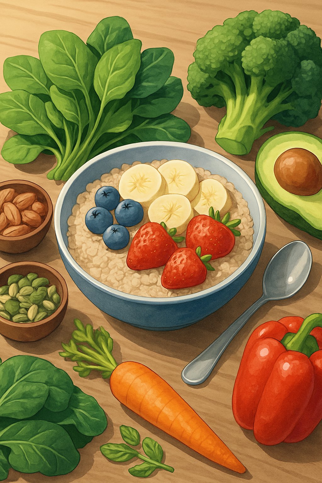 A bowl of steel cut oats topped with fresh fruits surrounded by various healthy foods on a wooden table.