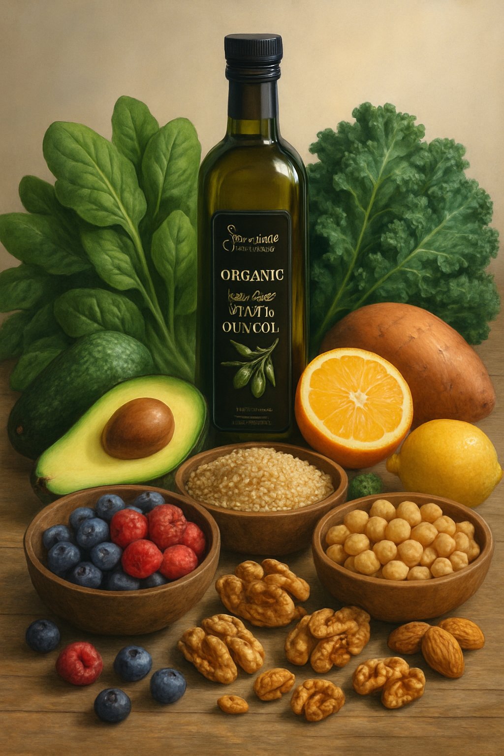 A collection of fresh healthy foods including a bottle of organic extra virgin olive oil surrounded by avocados, berries, leafy greens, nuts, grains, citrus fruits, sweet potatoes, and chickpeas on a wooden table.