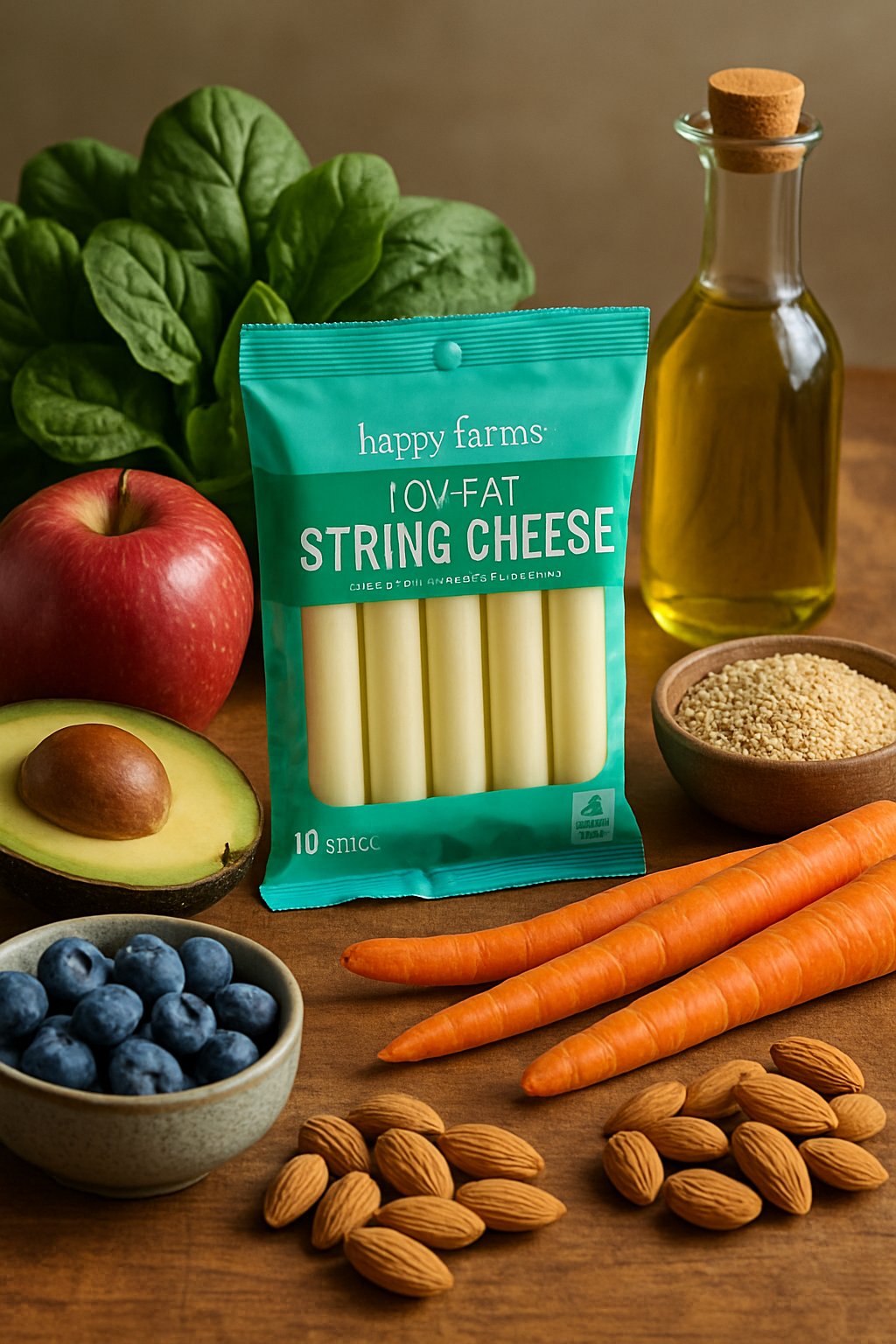 A display of fresh healthy foods including Happy Farms Low-Fat String Cheese surrounded by fruits, vegetables, nuts, and olive oil on a wooden table.