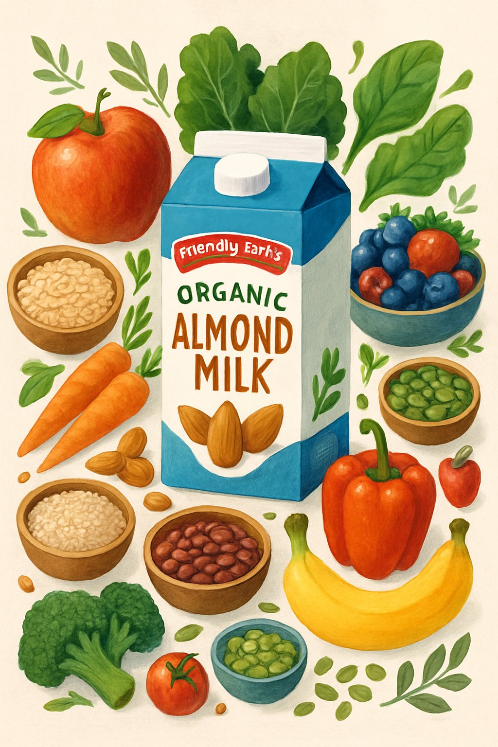 A carton of almond milk surrounded by a variety of fresh fruits, vegetables, nuts, grains, and legumes arranged on a light background.