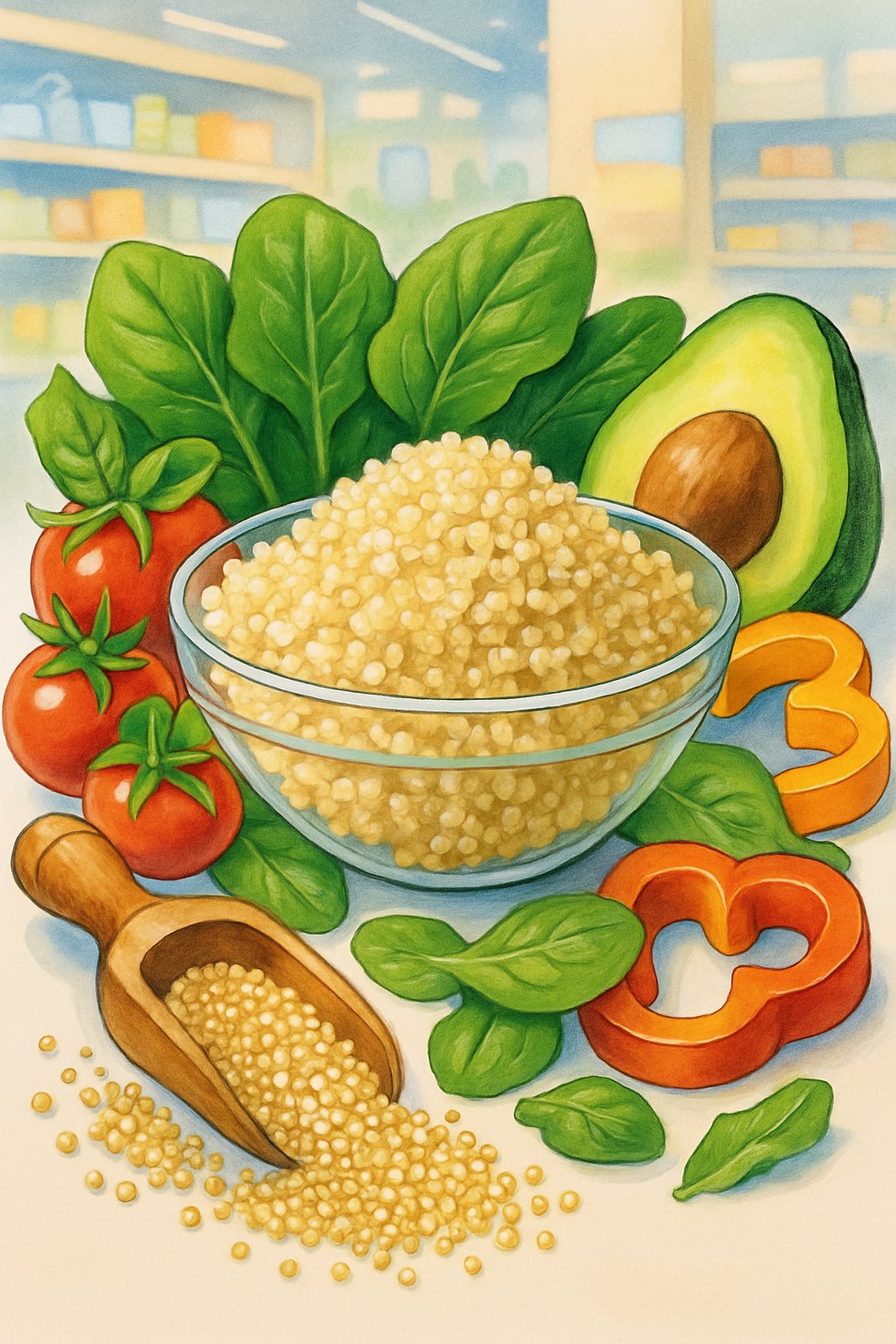 A bowl of cooked quinoa surrounded by fresh vegetables and quinoa grains on a white surface with a grocery store background.