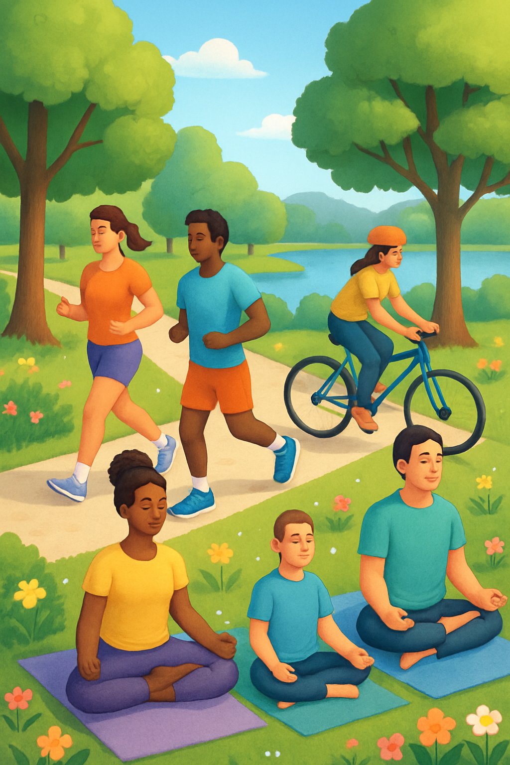 People exercising outdoors in a park, jogging, doing yoga, and cycling among trees and flowers near a calm lake.