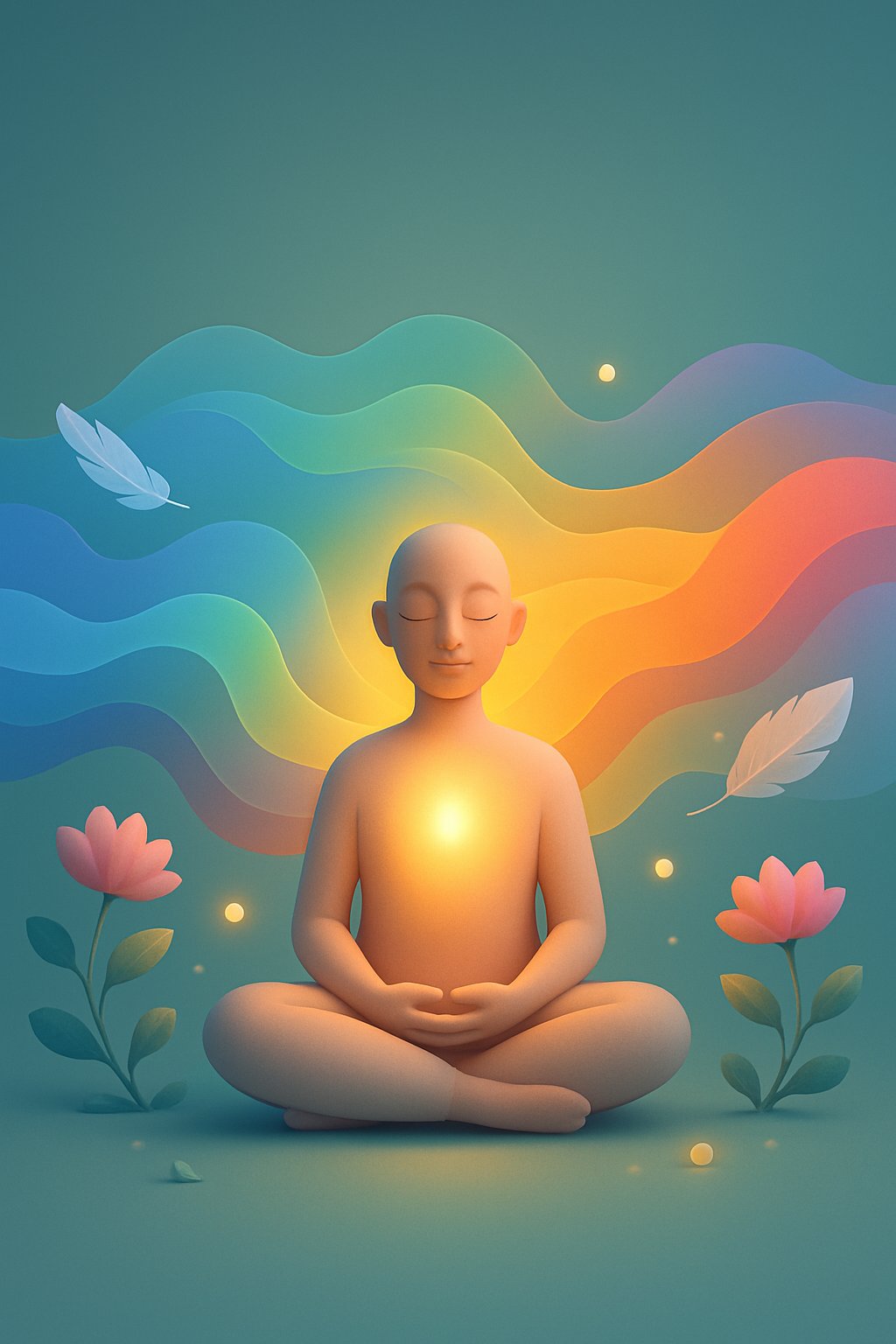 A person sitting calmly surrounded by colorful flowing waves and glowing elements representing peaceful and balanced emotions.