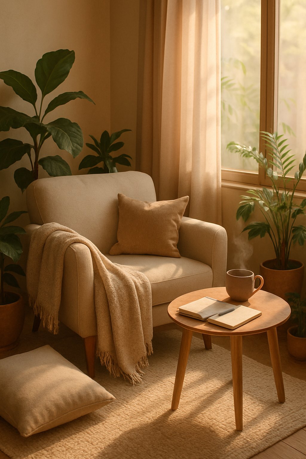 A cozy indoor corner with an armchair, a cup of tea, an open journal, and green plants by a sunlit window, creating a peaceful space for self-reflection.