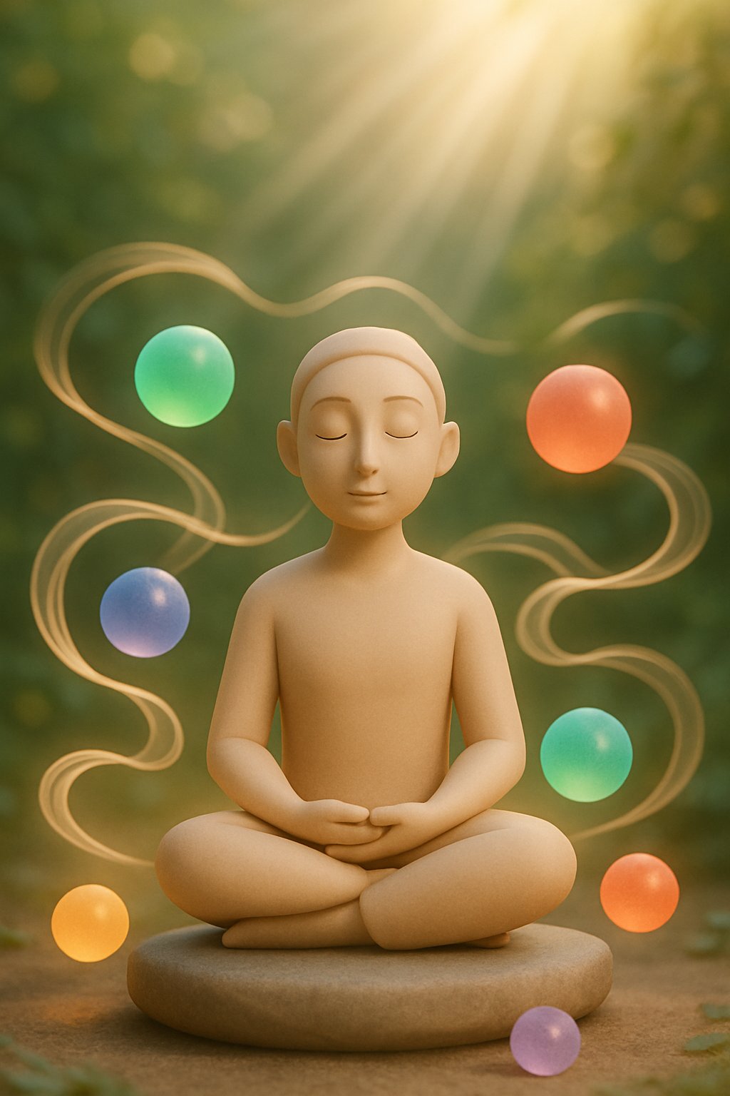 A person sitting peacefully with closed eyes surrounded by softly glowing orbs and flowing streams of light in a natural setting.